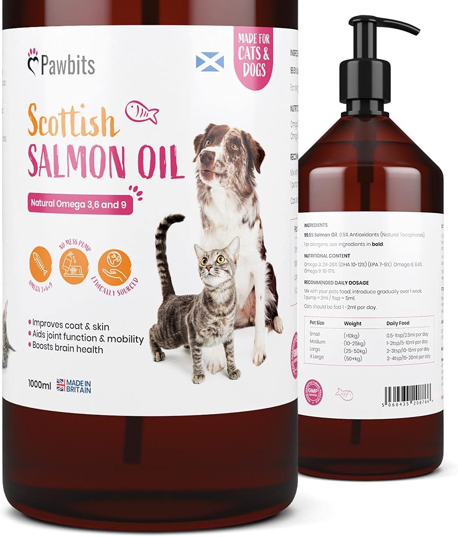 Pawbits 1 Litre Scottish Salmon Oil For Cats & Dogs - Natural Omega 3+6+9, Healthy Coat & Immune System Fish Oil