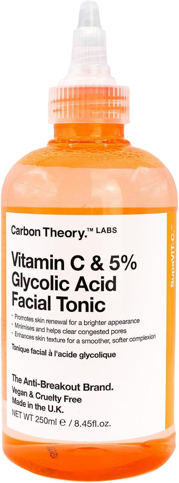 Carbon Theory Supavit-C Vitamin C Skin Toner For Face - 5% Glycolic Acid Toner & Blemish Control Cleanser - Reduces Excess Oil & Minimises Pores - Exfoliating Vegan Facial Tonic - 250Ml