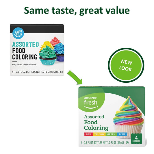 Amazon Fresh, Assorted Food Coloring, 1.2 Fl Oz (Pack of 4) (Previously Happy Belly, Packaging May Vary)