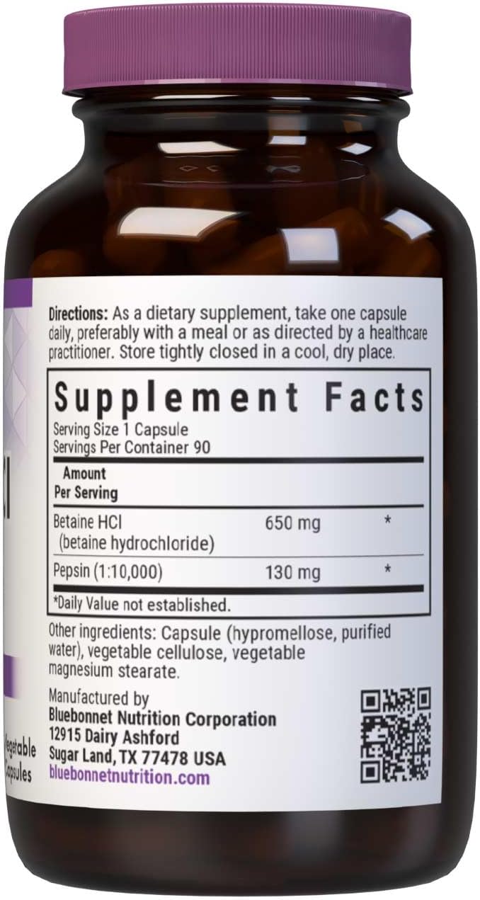 Bluebonnet Betaine Hci Plus Pepsin Vegetarian Capsules, 90 Count : Health & Household