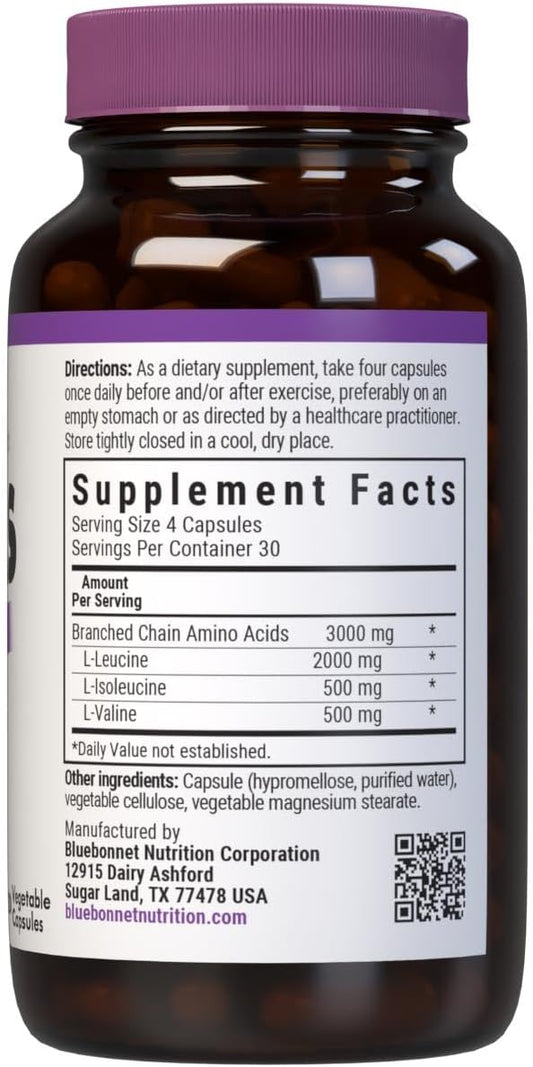 Bluebonnet Nutrition Bcaas 4:1:1 Ratio, Muscle Performance*, Muscle Health*, Muscle Repair*, Non-Gmo, Vegan, Kosher Certified, Gluten-Free, Soy-Free, Dairy-Free, 120 Vegetable Capsules, 30 Servings