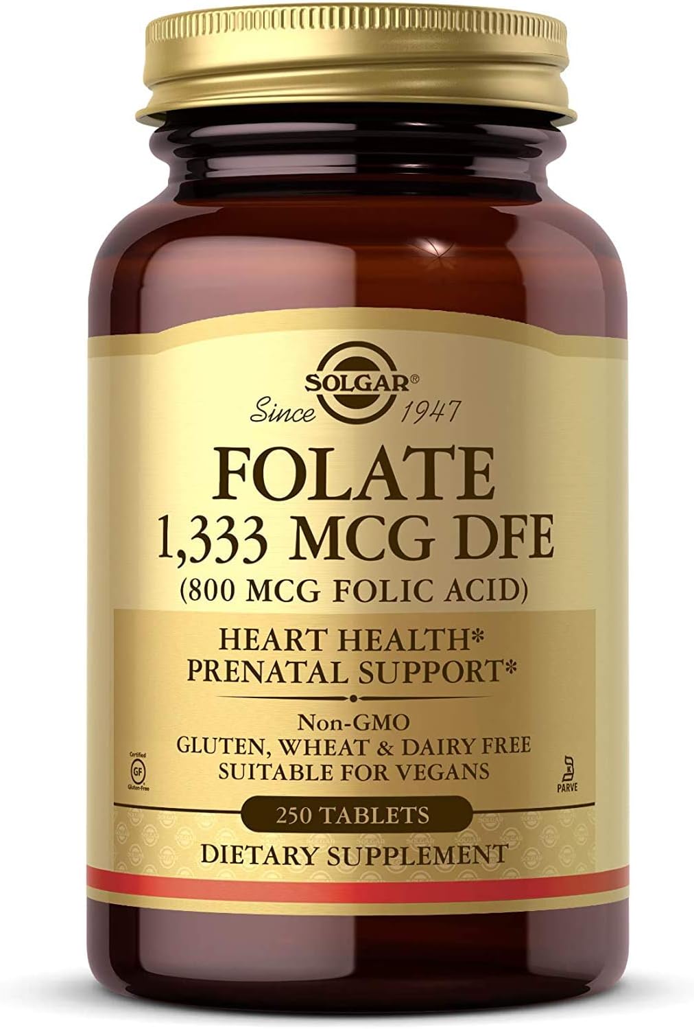 Solgar Folate 1,333 Mcg Dietary Folate Equivalent (800 Mcg Folic Acid), 250 Tablets - Heart Health, Healthy Nervous System, Prenatal Support - Non-Gmo, Vegan, Gluten Free, Dairy Free - 250 Servings