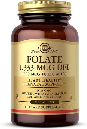 Solgar Folate 1,333 Mcg Dietary Folate Equivalent (800 Mcg Folic Acid), 250 Tablets - Heart Health, Healthy Nervous System, Prenatal Support - Non-Gmo, Vegan, Gluten Free, Dairy Free - 250 Servings