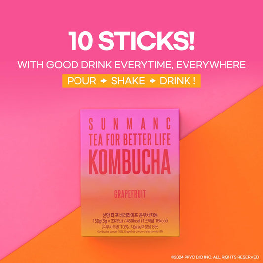 Sunmanc Kombucha 10 Packets, Sparkling Probiotic Fermented Drink, Convenient Powdered Drink Mix, Tea Powder, Low Calories, Sugar 0G, Low Caffeine (Grapefruit)