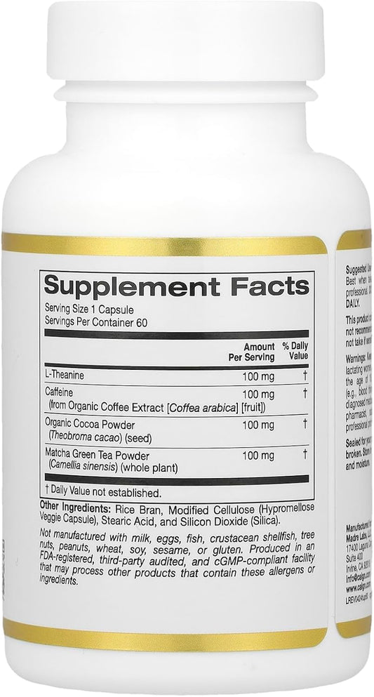 California Gold Nutrition Theanineup™, L-Theanine & Caffeine Plus Cocoa & Matcha, 60 Veggie Capsules