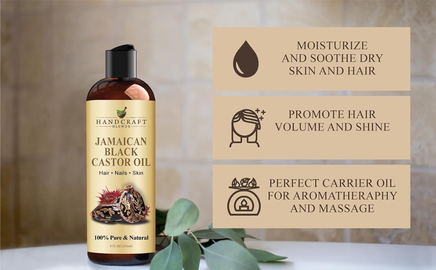 Handcraft Blends Jamaican Black Castor Oil - 8 Fl Oz - 100% Pure and Natural - Premium Grade Oil for Hair Growth, Eyelashes and Eyebrows - Carrier Oil - Hair and Body Oil : Beauty & Personal Care
