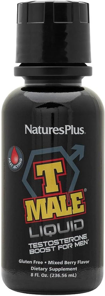Natures Plus T Male Liquid - 8 Fl Oz - Mixed Berry Flavor - Promotes Muscle Gain & Stamina - Vegetarian, Gluten Free - 8 Servings