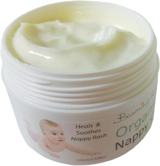 Beaming Baby Organic Nappy Cream 100ml. Naturally Soothing & Healing Nappy Rash Cream, Gentle on Sensitive Skin & Eczema. Hypoallergenic, Over 80% Organic Ingredients. Suitable for Newborn