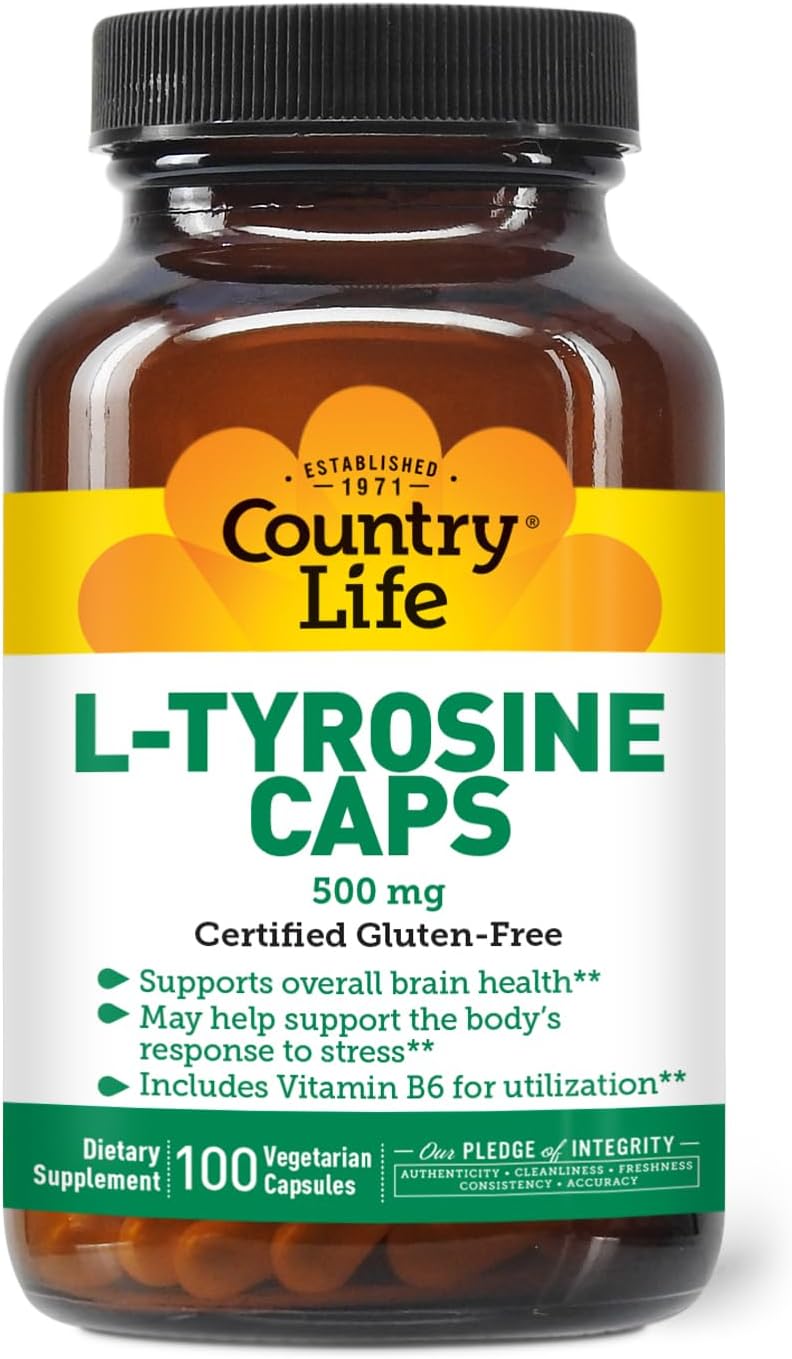 Country Life L-Tyrosine 500Mg With Vitamin B6 Supplement - Certified Gluten-Free, Vegetarian, Kosher, Boosts Focus & Energy, Supports Brain Health, Enhances Mental Clarity, Non-Gmo - 100 Capsules