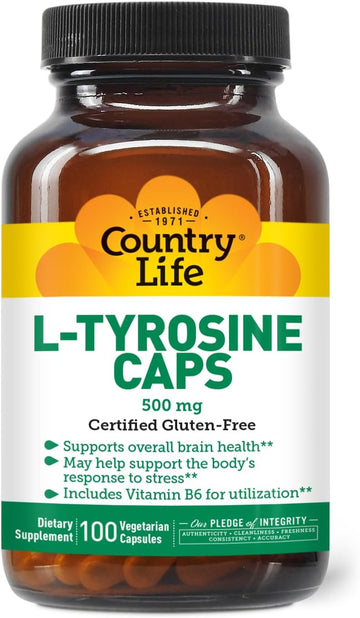 Country Life L-Tyrosine 500Mg With Vitamin B6 Supplement - Certified Gluten-Free, Vegetarian, Kosher, Boosts Focus & Energy, Supports Brain Health, Enhances Mental Clarity, Non-Gmo - 100 Capsules
