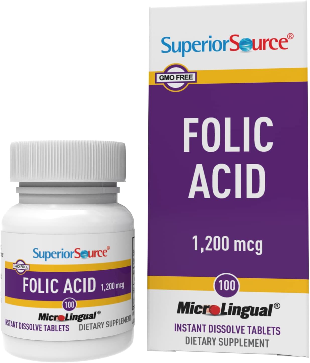 Superior Source Folic Acid Vitamin B9 1200 mcg MicroLingual Instant Dissolve Tablets Under Tongue Melts, 100 Count