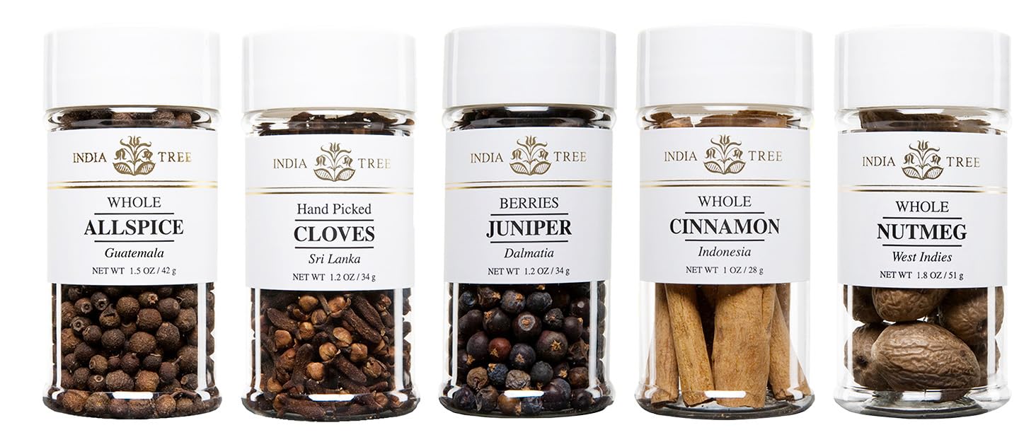 India Tree Winter Holiday Spice Gift Pack - Cinnamon, Nutmeg, Cloves, Allspice, And Juniper Berries - 7.7 Ounces Total