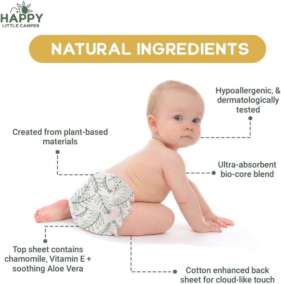Happy Little Camper Ultra-Absorbent Natural Baby Diapers Size 1 - Hypoallergenic & Chlorine-Free Disposable Diapers Safe For Sensitive Skin - Unscented Newborn Diapers - 36 Count