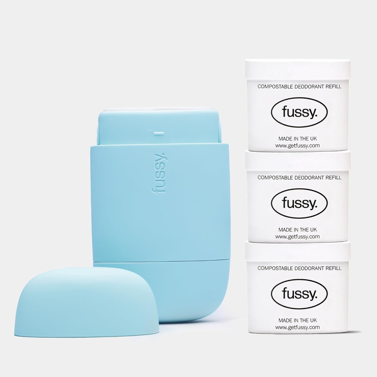 Fussy - Natural Refillable Deodorant - Aluminium Free - 24 Hour Protection - Mint Scent (3 X 40G) & Ocean Blue Case - Peppermint, Eucalyptus & Sage - Vegan & Cruelty Free - 100% Natural & Effective