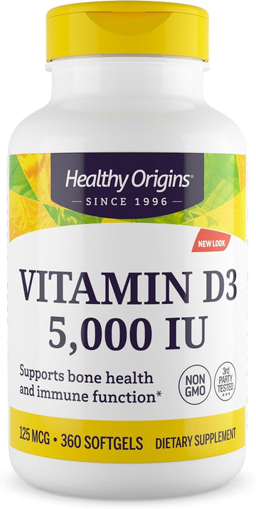 Healthy Origins Vitamin D3 (Lanolin) 5,000 Iu Softgel - Bone Health And Immune Support Supplement - Easily Absorbable Vitamin D Supplements - Gluten-Free Vitamin D3 Supplement - 360 Softgels