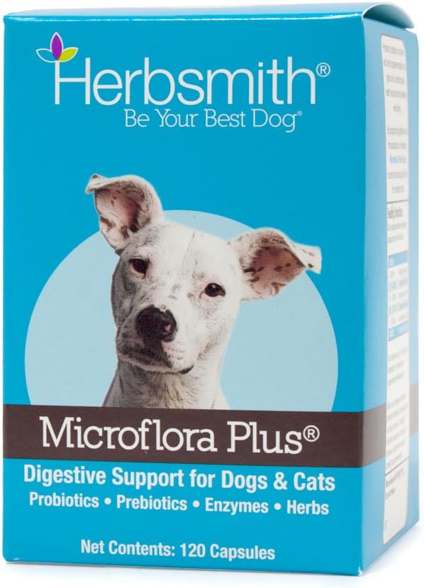 Herbsmith Microflora Plus – Dog Digestion Aid –Probiotics and Digestive Enzymes for Dogs – Prebiotic for Dogs – 120 Capsules