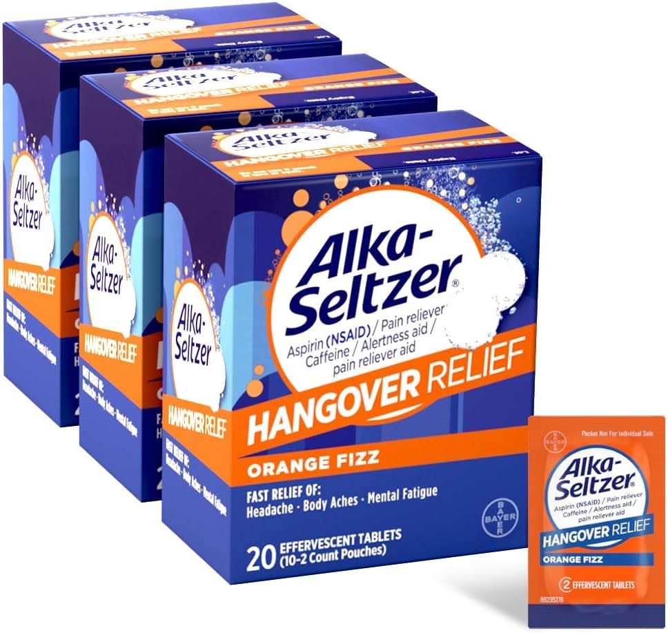Alka-Seltzer Hangover Relief Tablets, Fast Relief Starts In About 15 Minutes For Headaches, Body Aches & Mental Fatigue, Bachelorette & Bachelor Party Packs 60 Count (3 Boxes, 20 Tablets Each)