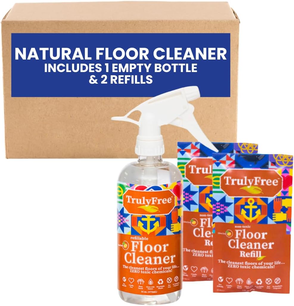 Truly Free Floor Cleaner Kit - Plant-Based Mopping Solution (16Oz Reusable Empty Bottle + Two Pouches, 3Oz Ea.) - Diy All-Surface Cleaner For Hardwood, Tile, Wood & Concrete