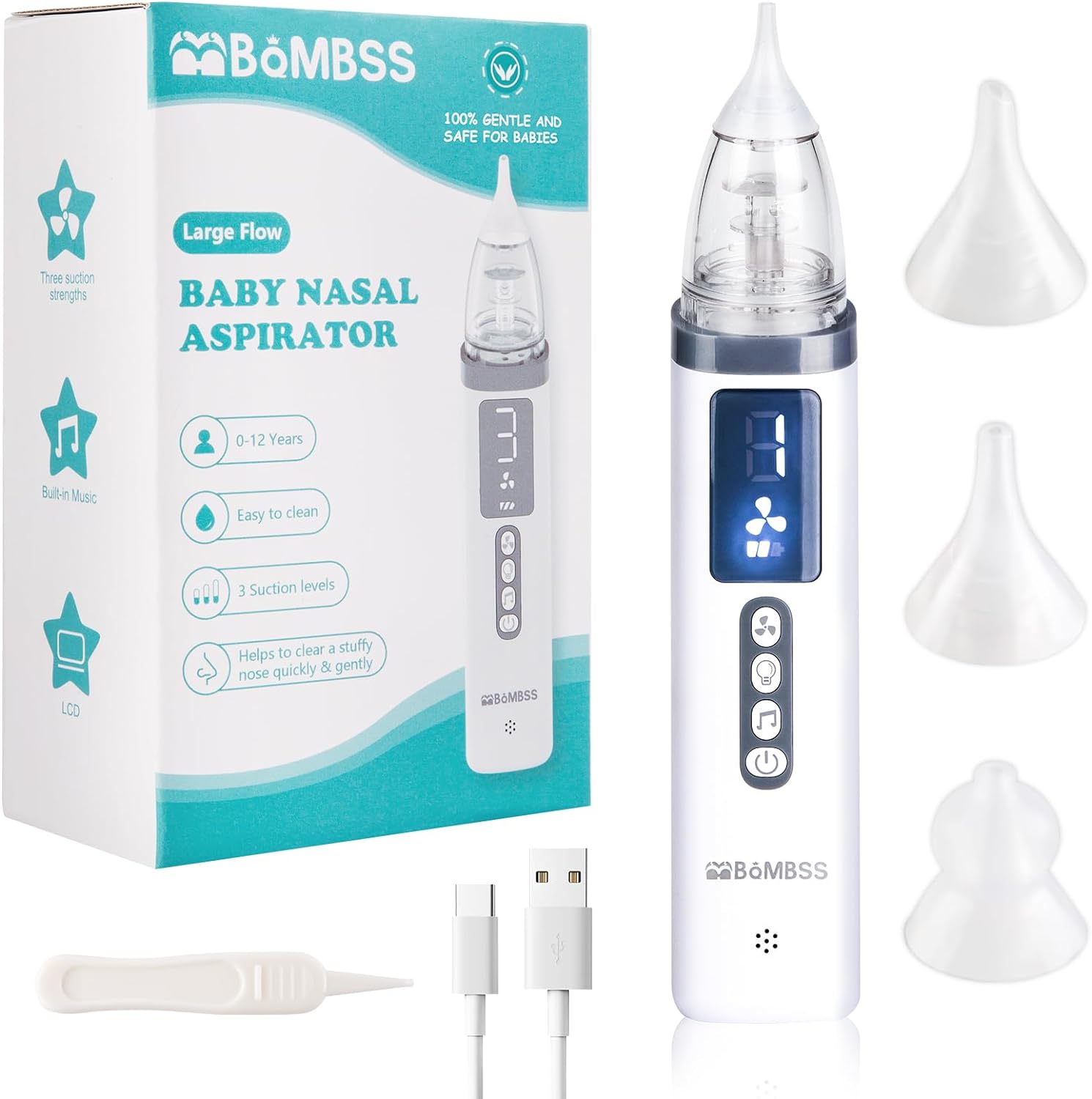 Nasal Aspirator for Baby, MBQMBSS Electric Nose Sucker with 3 Levels Adjustable Strong Suction, Toddler Booger Sucker with Silicone Tips, Soothing Music and Colorful Lights