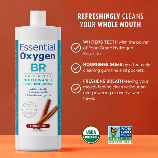 Essential Oxygen Br Certified Organic Brushing Rinse, Cinnamint, 32 Ounce (Pack Of 1), All Natural Mouthwash For Whiter Teeth, Fresher Breath, And Happier Gums, Alcohol-Free Oral Care