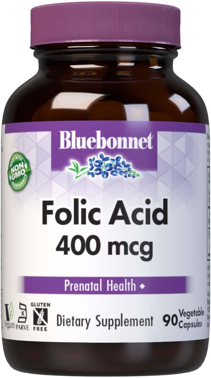Bluebonnet Nutrition Folic Acid 400 Mcg, Prenatal & Postnatal Health*, Non-Gmo, Vegan, Kosher Certified, Gluten-Free, Soy-Free, Dairy-Free, 90 Vegetable Capsules, 90 Servings