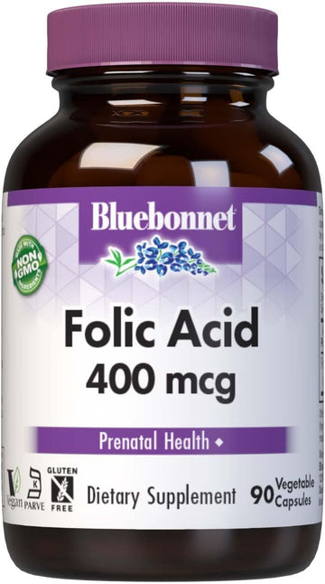 Bluebonnet Nutrition Folic Acid 400 Mcg, Prenatal & Postnatal Health*, Non-Gmo, Vegan, Kosher Certified, Gluten-Free, Soy-Free, Dairy-Free, 90 Vegetable Capsules, 90 Servings