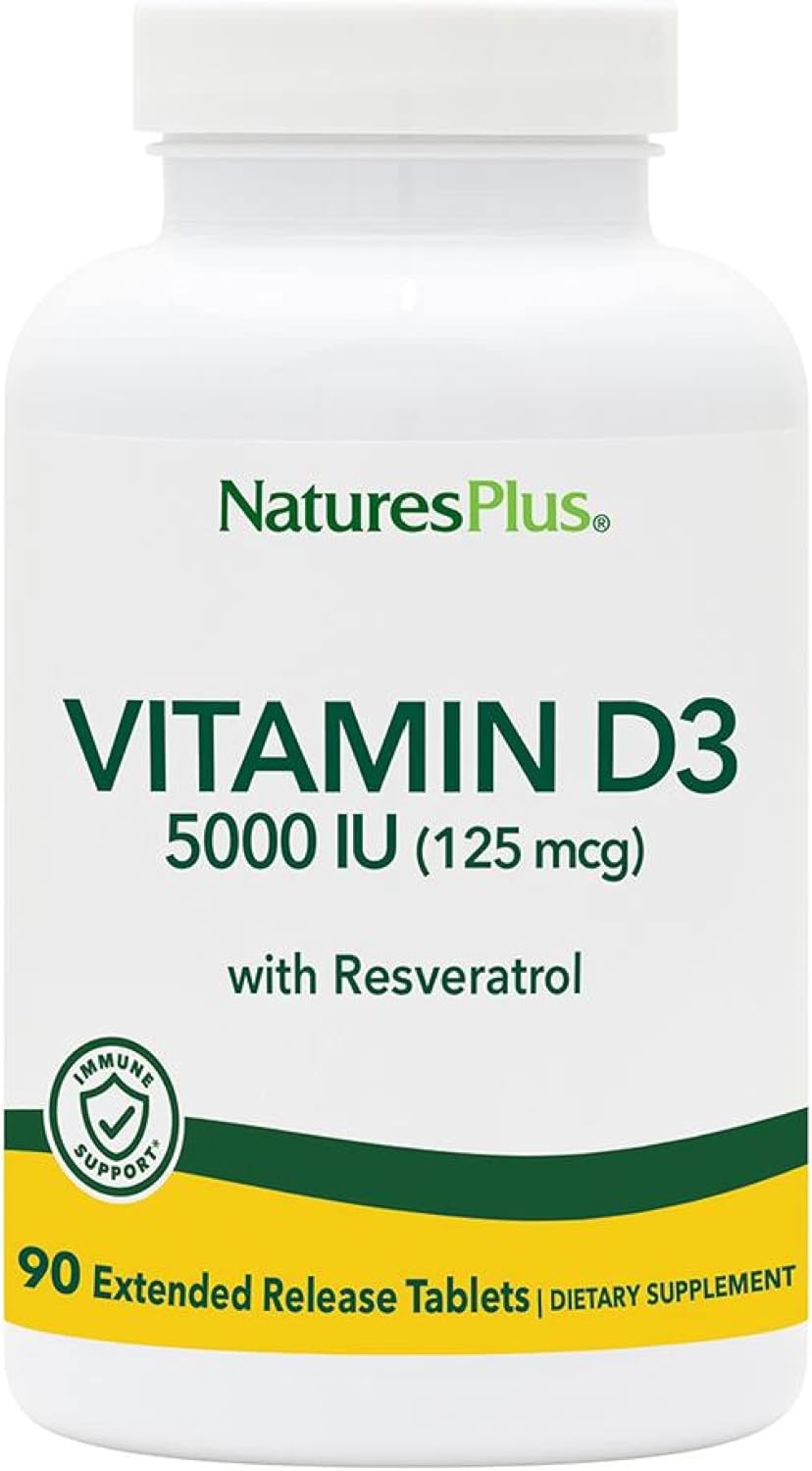 Natures Plus Vitamin D3, Extended Release - 90 Vegan Tablets - 5000 Iu + 25 Mg Trans-Resveratrol - Heart & Bone Health, Immune System Support, Anti-Aging - Gluten Free - 90 Servings