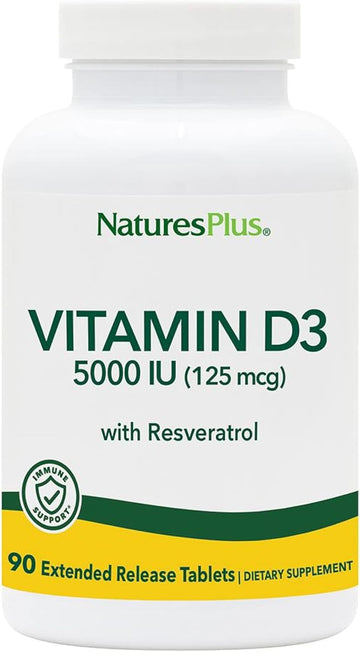 Natures Plus Vitamin D3, Extended Release - 90 Vegan Tablets - 5000 Iu + 25 Mg Trans-Resveratrol - Heart & Bone Health, Immune System Support, Anti-Aging - Gluten Free - 90 Servings