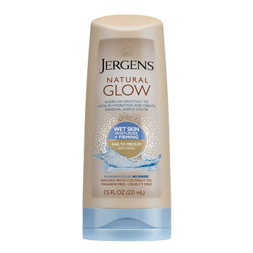 Jergens Natural Glow +FIRMING In-shower Self Tanner for Fair to Medium Skin Tones, Anti Cellulite Firming Body Lotion, Wet Skin Lotion for Gradual and Natural-Looking Fake Tan, 7.5 Ounce
