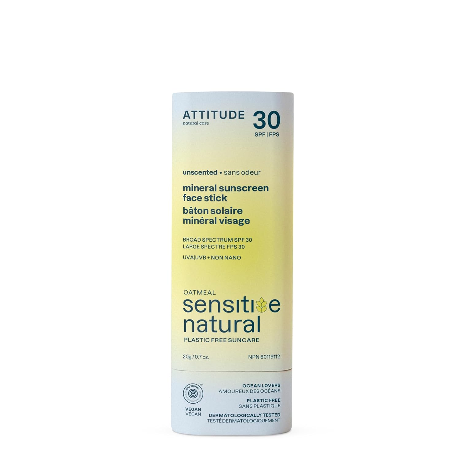 Attitude Mineral Sunscreen Face Stick For Sensitive Skin, Spf 30, Ewg Verified, Plastic-Free, Broad Spectrum Uva/Uvb Protection With Zinc Oxide, Dermatologically Tested, Vegan, Unscented, 0.7 Ounce