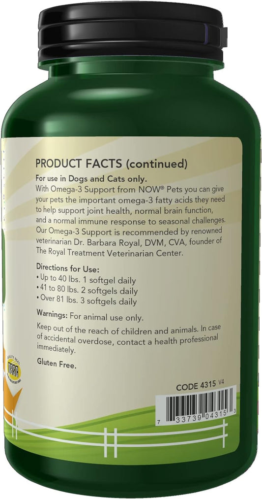 NOW Pet Health, Omega 3 Supplement, Formulated for Cats & Dogs, NASC Certified, 180 Softgels