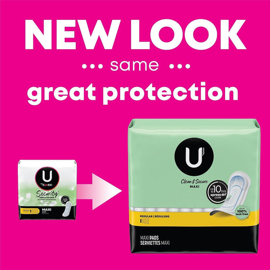 U By Kotex Clean & Secure Maxi Pads, Regular Absorbency, 192 Count (4 Packs Of 48) (Packaging May Vary)