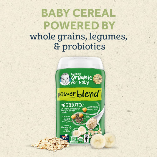 Gerber Organic Baby Food, Crawler, Powerblend, Probiotic Oatmeal Chickpea Banana & Chia Cereal, 8 oz (Pack of 6)