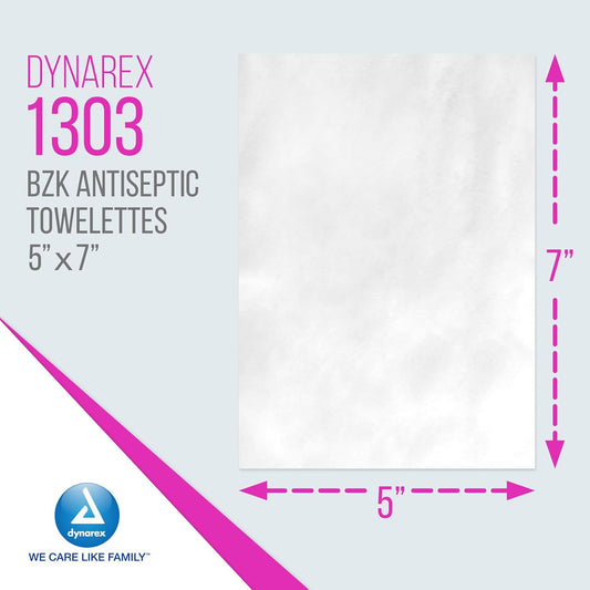 Dynarex Bzk Antiseptic Towelettes, Moist Sanitizing Towelettes Designed To Protect Minor Wounds, 5" X 7", Disposable & Individually Wrapped, 1 Case - 10 Boxes Of 100 Towelettes