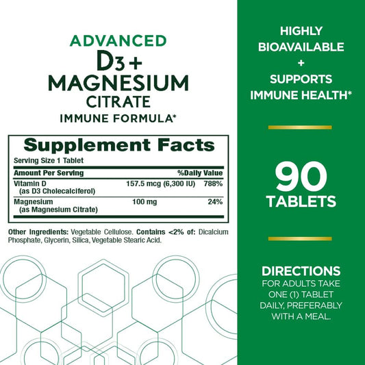 Nature'S Bounty Advanced Vitamin D3 With Magnesium Citrate Immune Formula, Supports Immune And Bone Health, 90 Tablets
