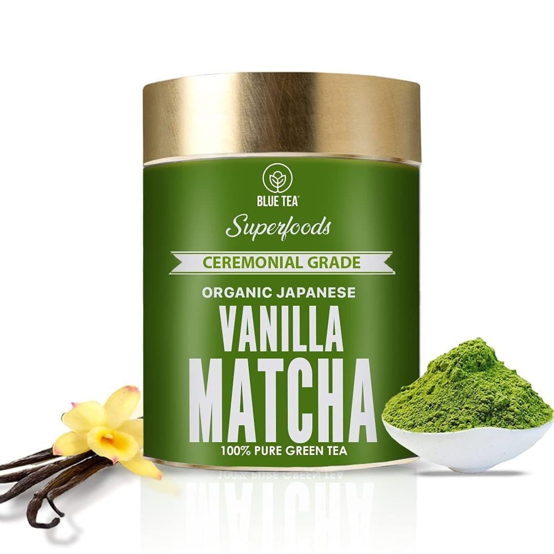 Blue Tea - Vanilla Japanese Matcha Green Tea Powder (1.76 Oz) || Powerful Antioxidant || Ceremonial Grade - Natural Ingredients - Vanilla Delicate Infusion - Vegan - Non-Gmo| Tin Packaging