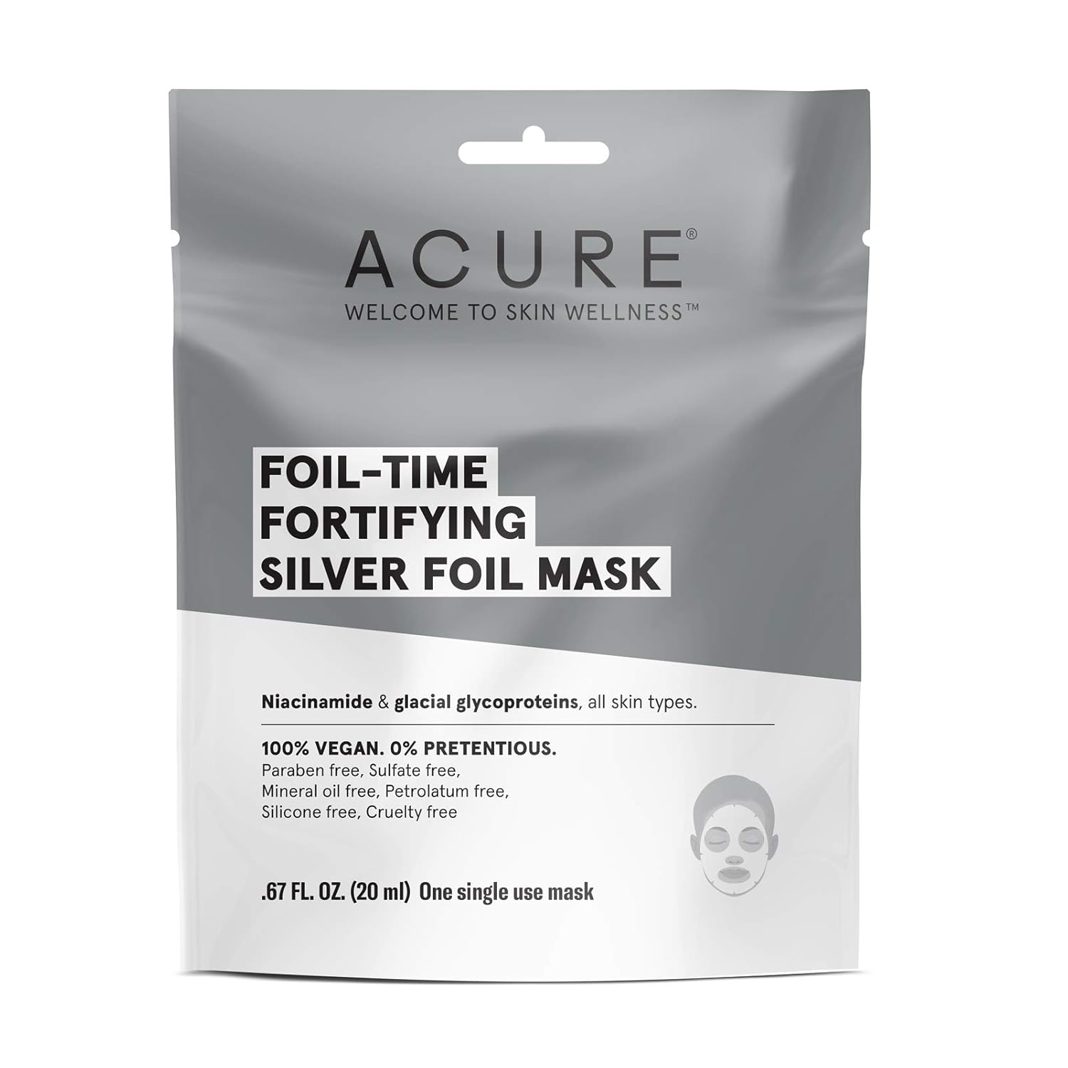 Acure Foil-Time Fortifying Silver Mask | 100% Vegan | Traps Heat To Open Pores For Superior Serum Delivery | Niacinamide & Glacial Glycoproteins - For Rejuvenated & Refreshed Apprearance | 1 Count