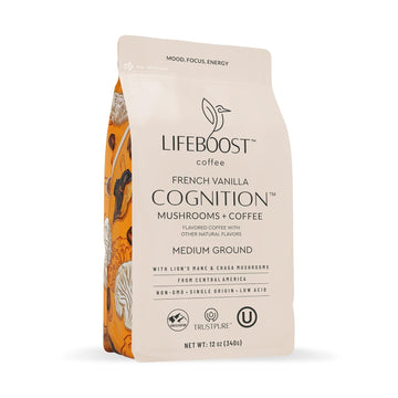 Lifeboost French Vanilla Cognition Mushroom Coffee - Lions Mane & Chaga Nootropic Coffee - Low Acid Medium Organic Coffee - Increase Energy, Boost Focus & Immune Support - 12 Oz Bag - Ground