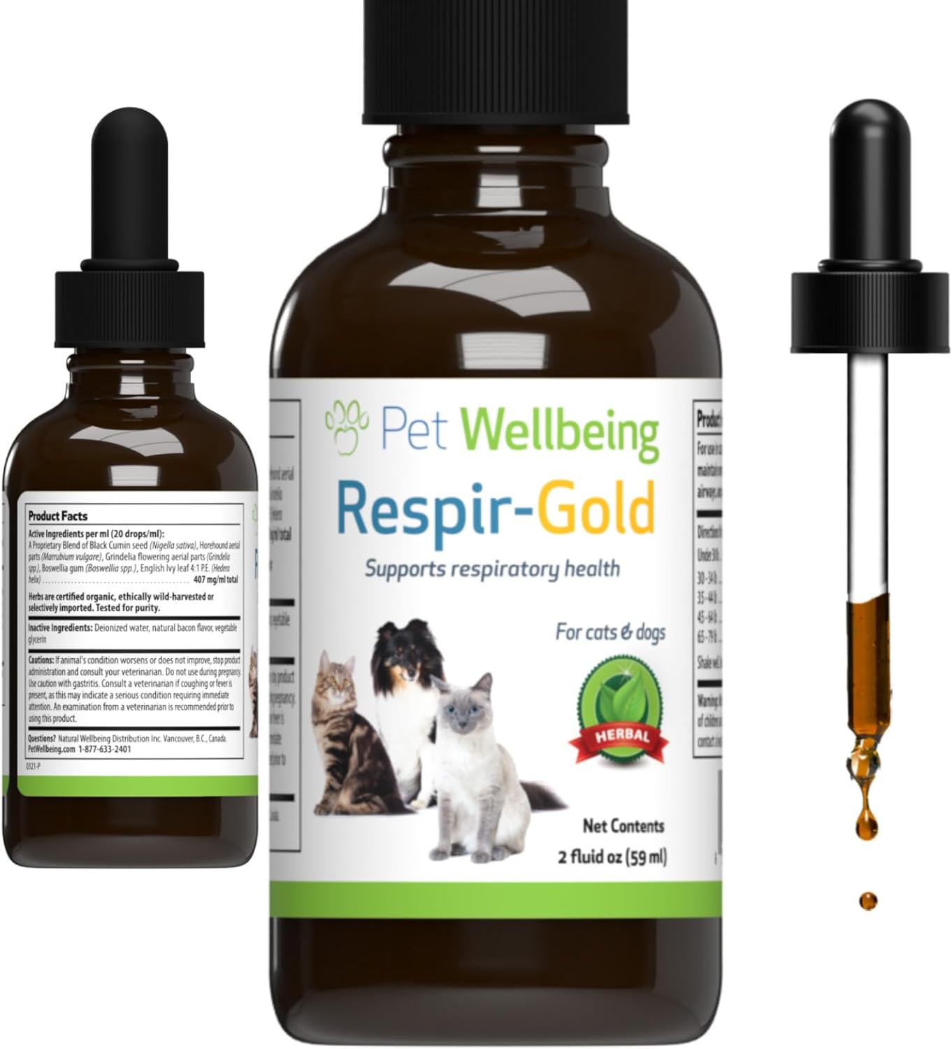 Pet Wellbeing Respir-Gold For Dogs - Vet-Formulated - Easy Breathing, Open Airways, Respiratory Support - Natural Herbal Supplement 2 Oz (59 Ml)