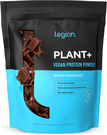 LEGION Plant+ Vegan Protein Powder, Chocolate - Rice and Pea, Plant Based Protein Blend. Gluten Free, GMO Free, Naturally Sweetened and Flavored, 20 Servings, (Chocolate)