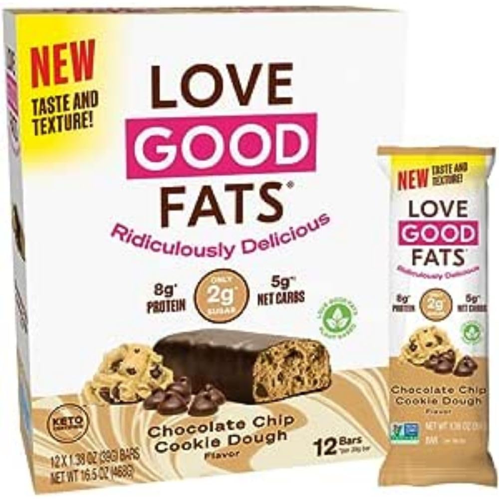 Love Good Fats Keto Bars, Truffle Chocolate Chip Cookie Dough - Plant-Based Protein Snack, Low Carb, Low Sugar, Gluten Free, Non GMO, 12 Pack