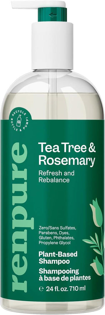 Renpure Plant Based Tea Tree And Rosemary Refresh And Rebalance Shampoo - Soothes Dry Scalp - Delivers Moisture And Shine - Rids Hair Of Grime - Dye Free - Recyclable, Pump Bottle Design - 24 Fl Oz