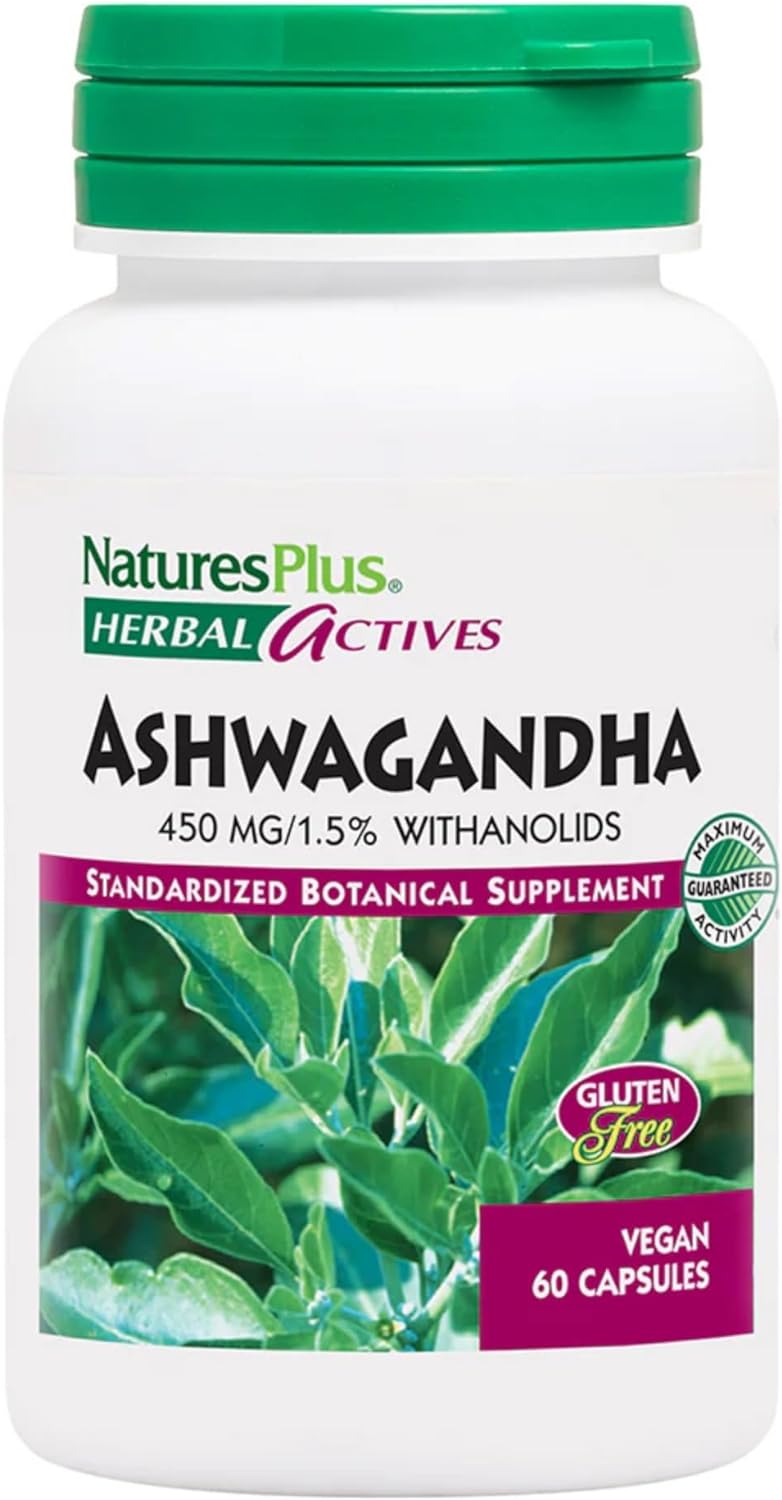 NaturesPlus Herbal Actives Ashwagandha 450 mg - 60 Vegetarian Capsules - Prescription Quality - Gluten Free - 60 Servings