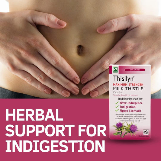 Schwabe High Strength Milk Thistle - Thisilyn Maximum Strength - Traditionally Used For Relief Of Overindulgence, Indigestion, Upset Stomach - Traditional Herbal Medicinal Product - 30 Capsules