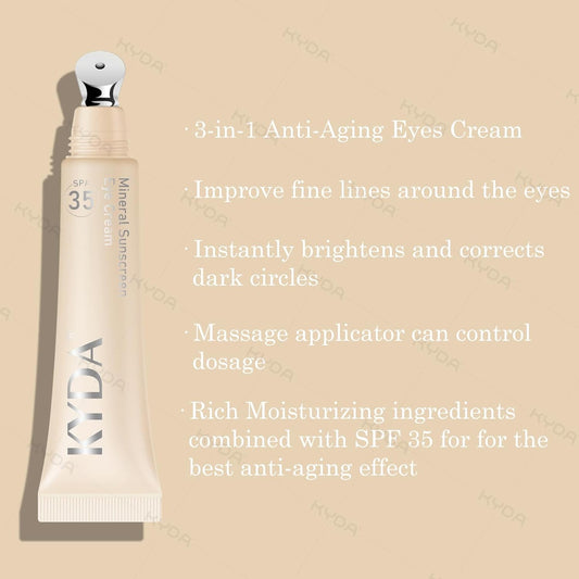 Kyda Mineral Sunscreen Eye Cream, 3-In-1 Anti-Aging Eye Cream, Spf 35, For Dark Circle And Fine Lines, Medium