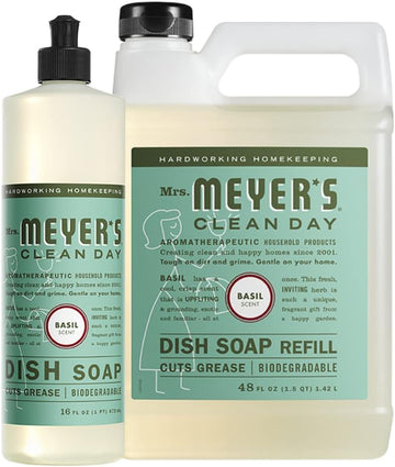 Mrs Meyers Dish Soap Refill Basil Scent, Set Includes 48 oz. Refill and 16 oz. Bottle