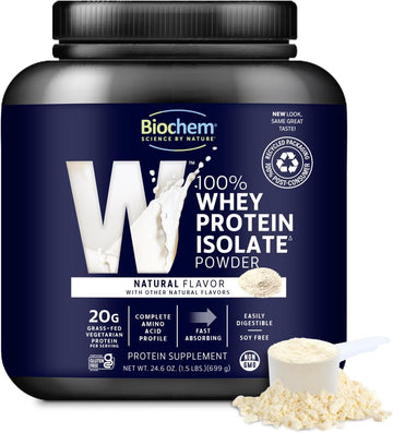 Biochem 100% Whey Isolate Protein Powder - Grass Fed, Low Carb, Keto-Friendly, Non-Gmo, Gluten-Free - Supports Immune Health & Muscle Recovery 20G Vegetarian Protein Per Serving - Natural Flavor,1.5Lb