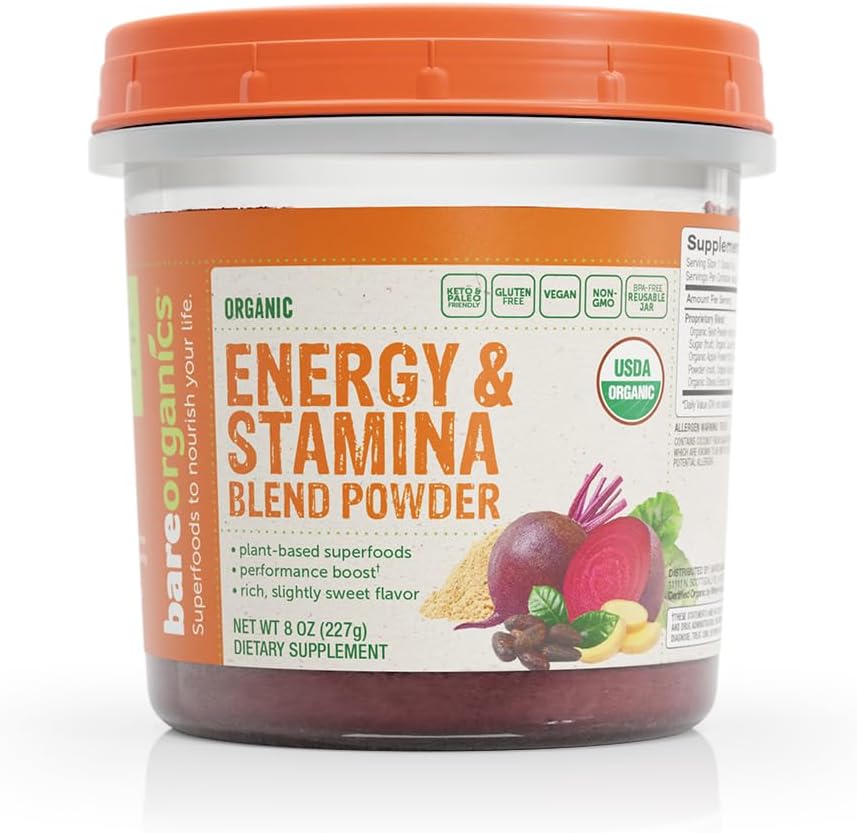 BareOrganics Energy & Stamina Blend Powder, Organic Superfood, Vegan Dietary Supplement, 8 Ounces