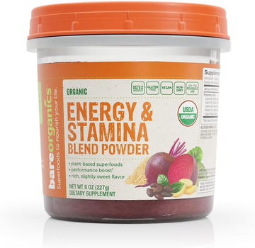 BareOrganics Energy & Stamina Blend Powder, Organic Superfood, Vegan Dietary Supplement, 8 Ounces