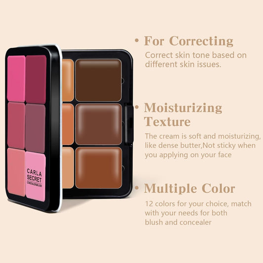 12 Colors Cream Blush Palette, Color Correcting Concealer Foundation Palette, Long Wearing Smudge Proof Blendable Matte Finish Blush Powder Highlighter And Cream Contour Palette Makeup (01)